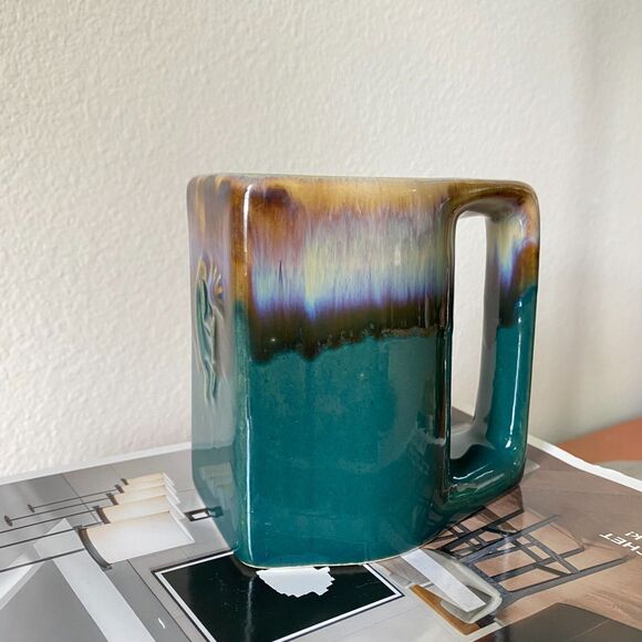 Signed Vintage‎ Mexican Pottery Padilla Kokopelli Flat Mug Drip Glaze Green Blue - Picture 2 of 16